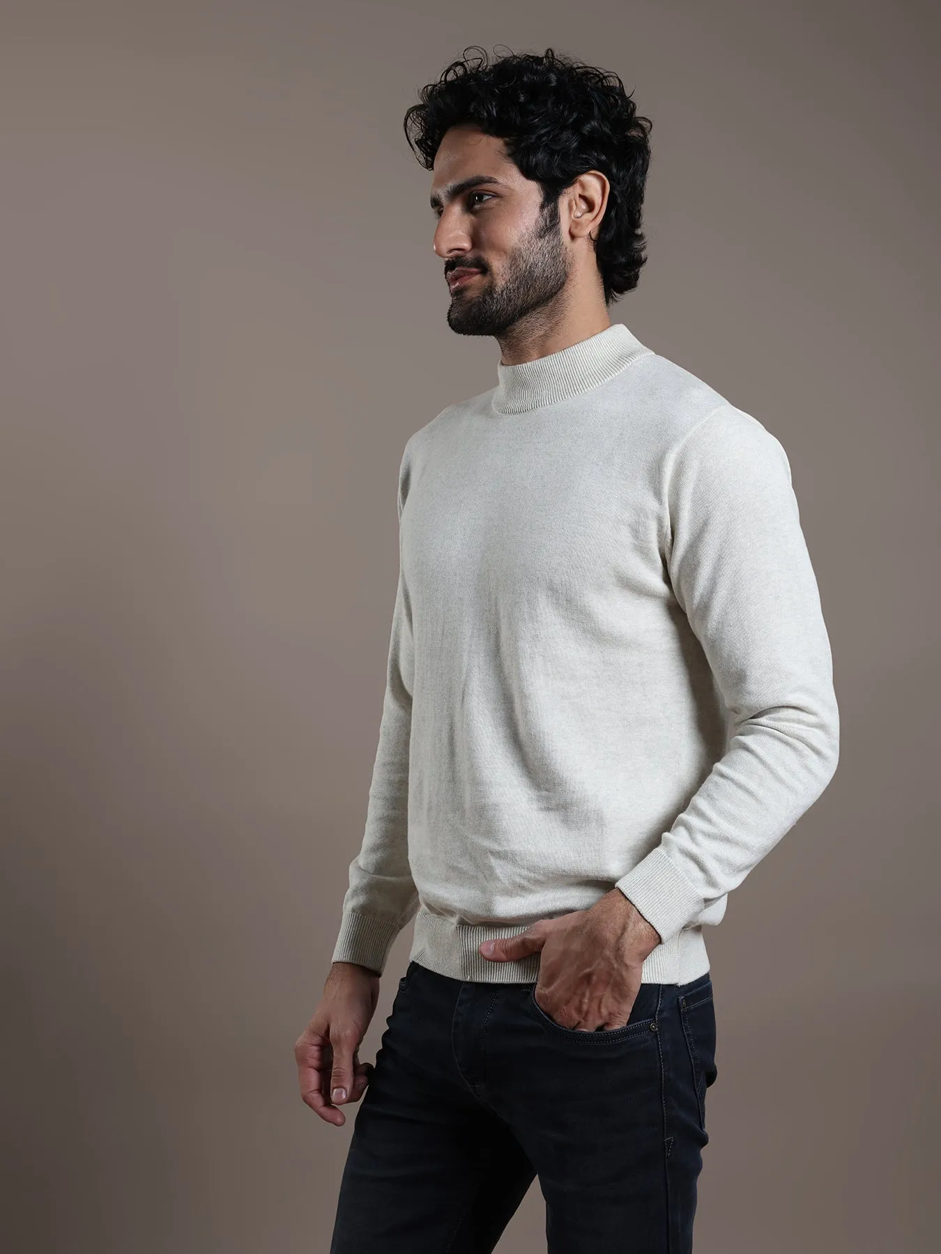 Knitted Cream Striped Regular Fit Full Sleeve Casual Pullover