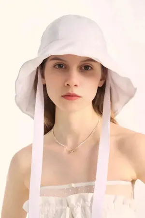 Linen Wide-Brim Bucket Hat with Ribbon Ties