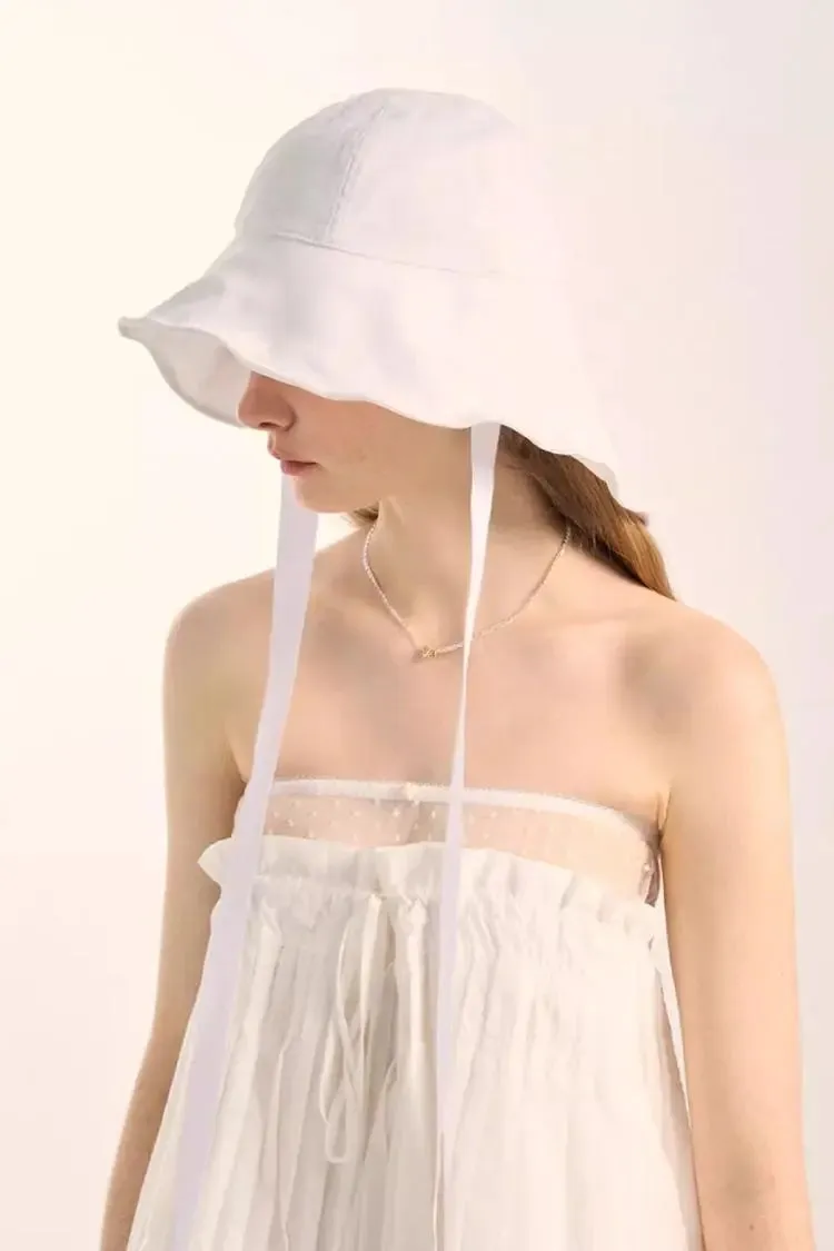 Linen Wide-Brim Bucket Hat with Ribbon Ties