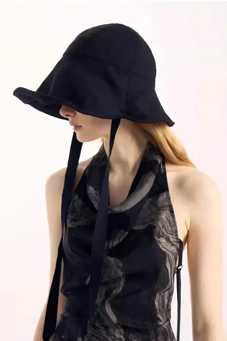 Linen Wide-Brim Bucket Hat with Ribbon Ties