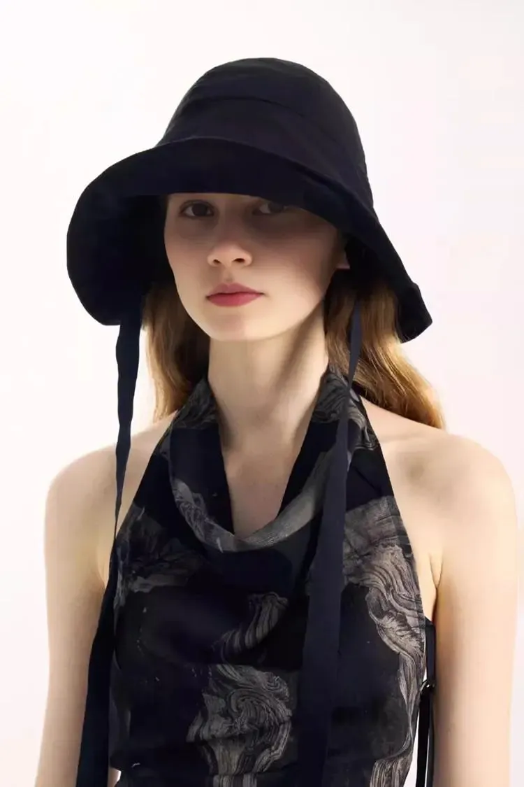 Linen Wide-Brim Bucket Hat with Ribbon Ties