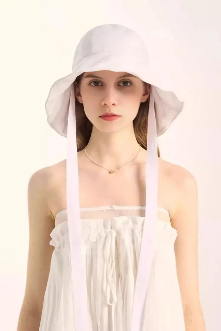 Linen Wide-Brim Bucket Hat with Ribbon Ties
