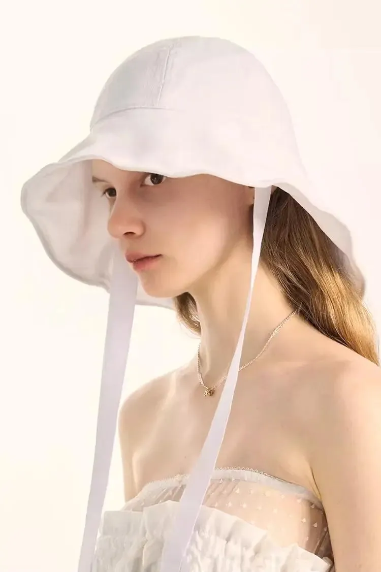 Linen Wide-Brim Bucket Hat with Ribbon Ties