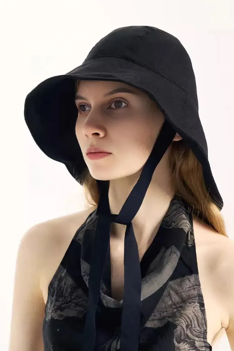 Linen Wide-Brim Bucket Hat with Ribbon Ties