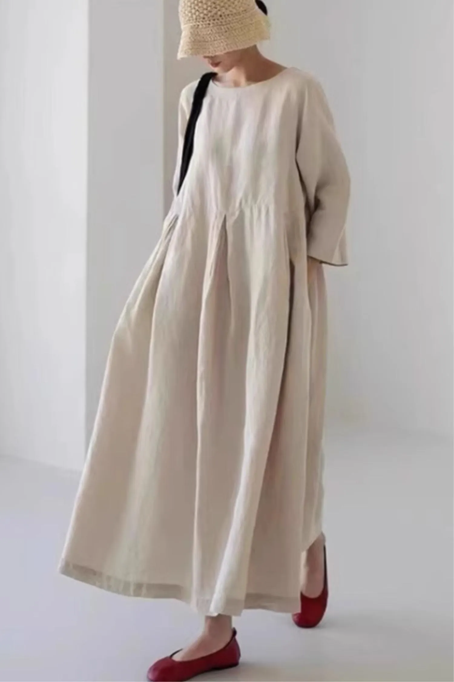 Loose fitting spring linen dress women 4822