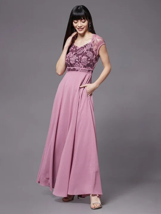 Maroon Georgette embellished layered Maxi Dress For Women