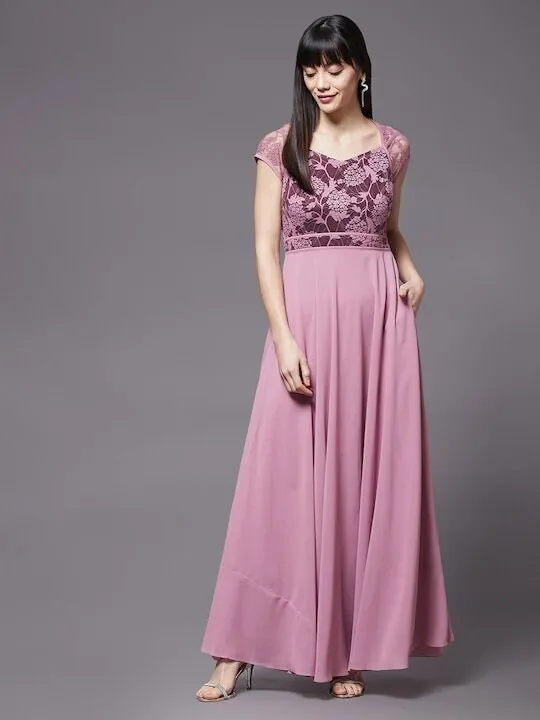 Maroon Georgette embellished layered Maxi Dress For Women