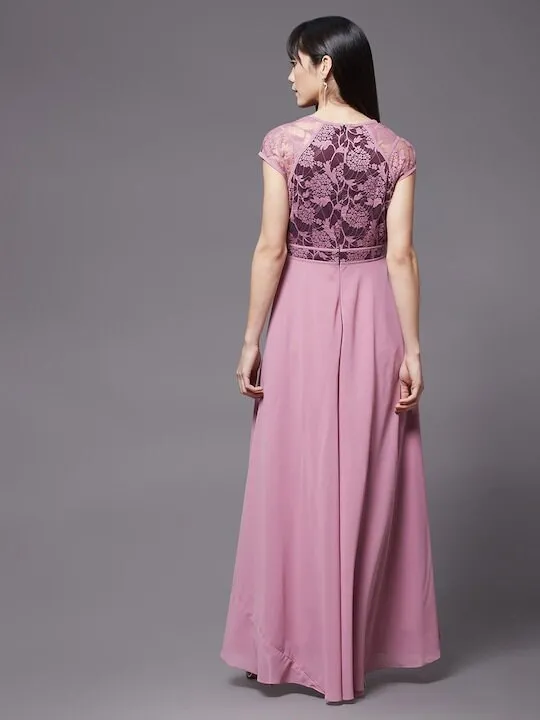 Maroon Georgette embellished layered Maxi Dress For Women