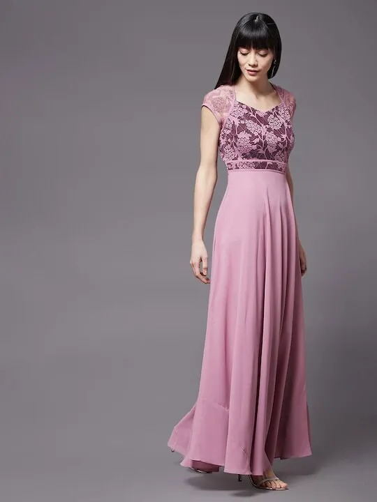 Maroon Georgette embellished layered Maxi Dress For Women