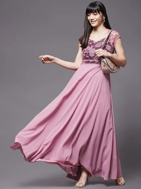 Maroon Georgette embellished layered Maxi Dress For Women