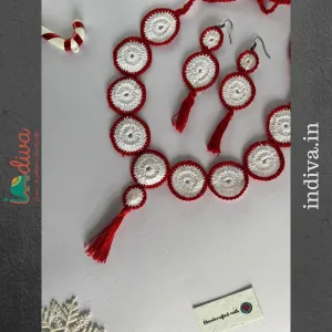 Mesmerising White & red Handmade Crochet Necklace & Earring Set