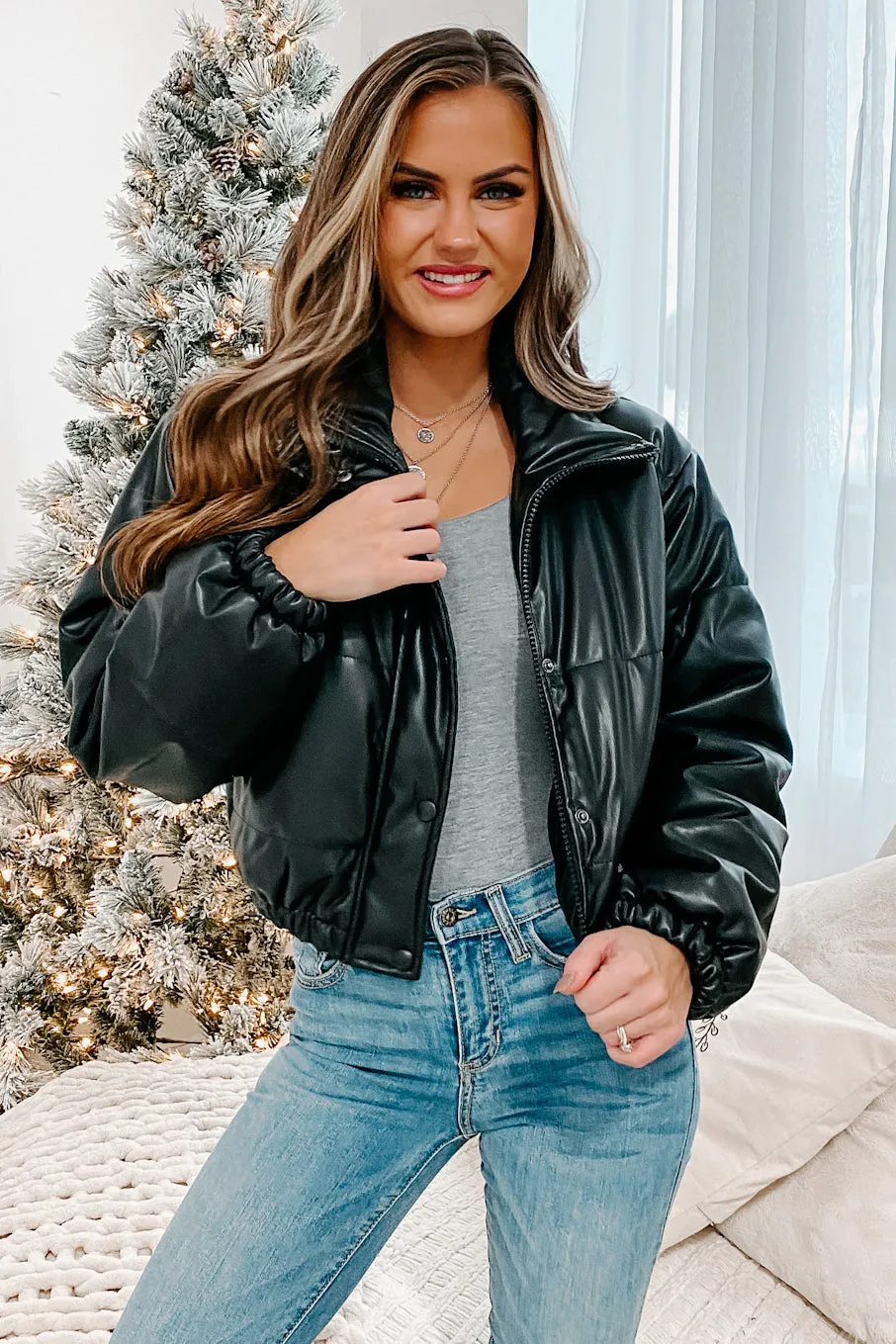 On The Edge Faux Leather Puffer Coat (Black)