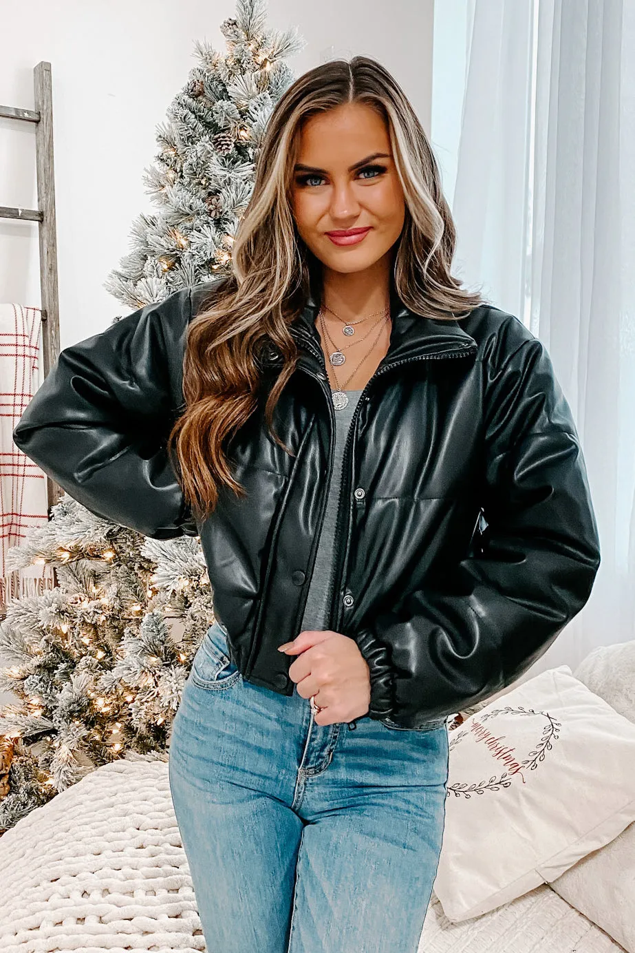 On The Edge Faux Leather Puffer Coat (Black)