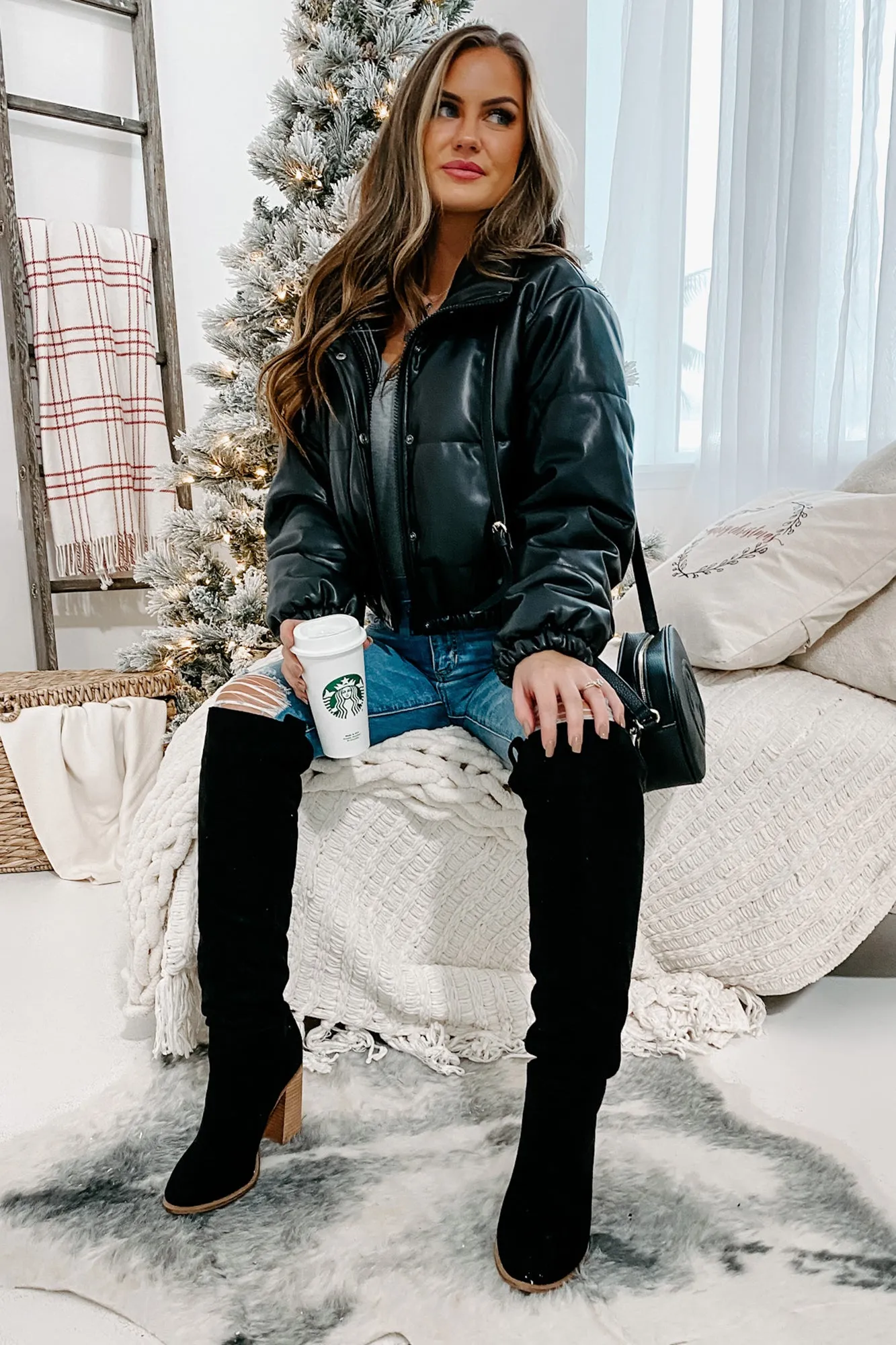 On The Edge Faux Leather Puffer Coat (Black)