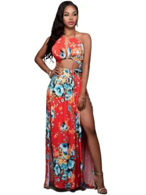 Orange Floral Women's Maxi Dress