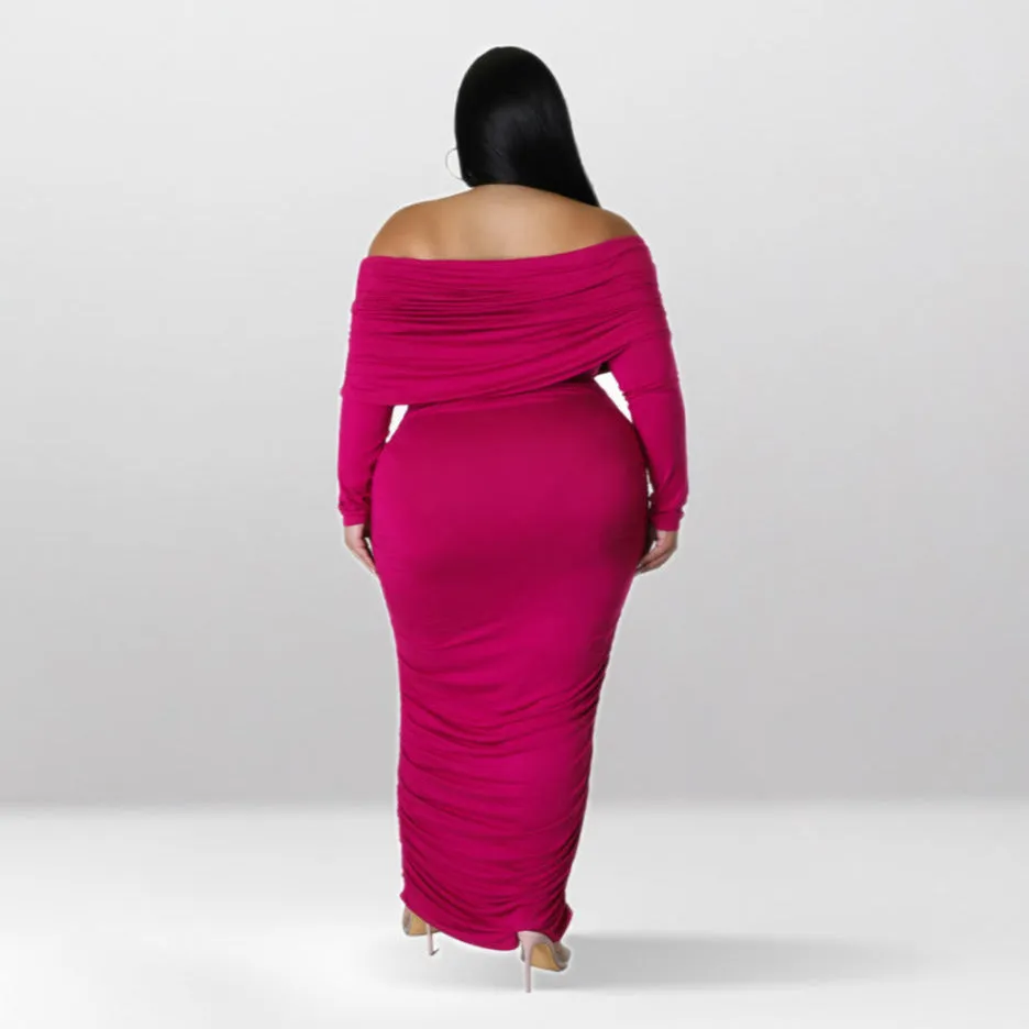 Plus Size Off Shoulder Ruched Long Sleeve Maxi Dress