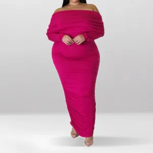 Plus Size Off Shoulder Ruched Long Sleeve Maxi Dress