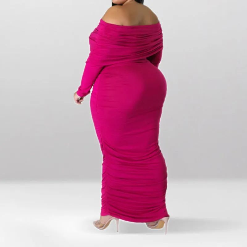 Plus Size Off Shoulder Ruched Long Sleeve Maxi Dress