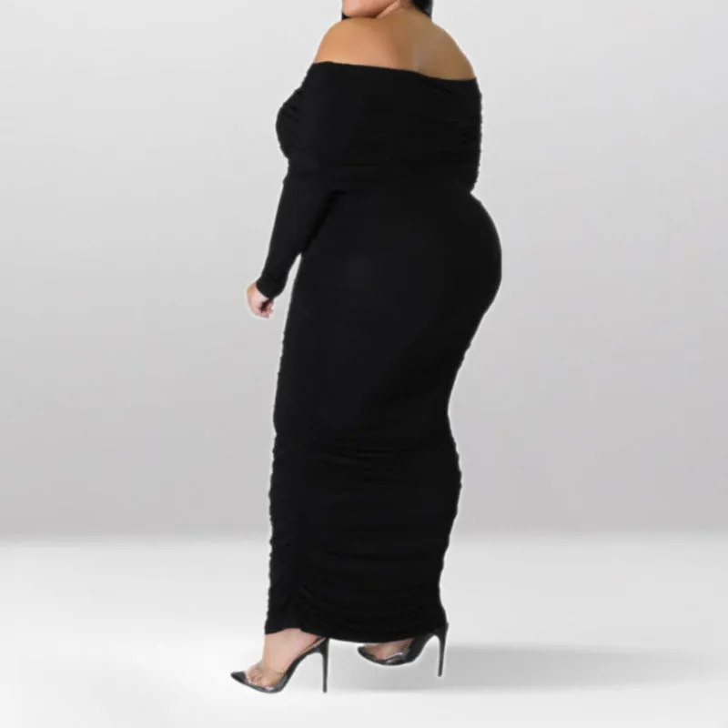 Plus Size Off Shoulder Ruched Long Sleeve Maxi Dress