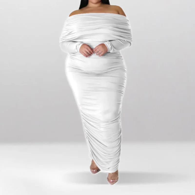 Plus Size Off Shoulder Ruched Long Sleeve Maxi Dress