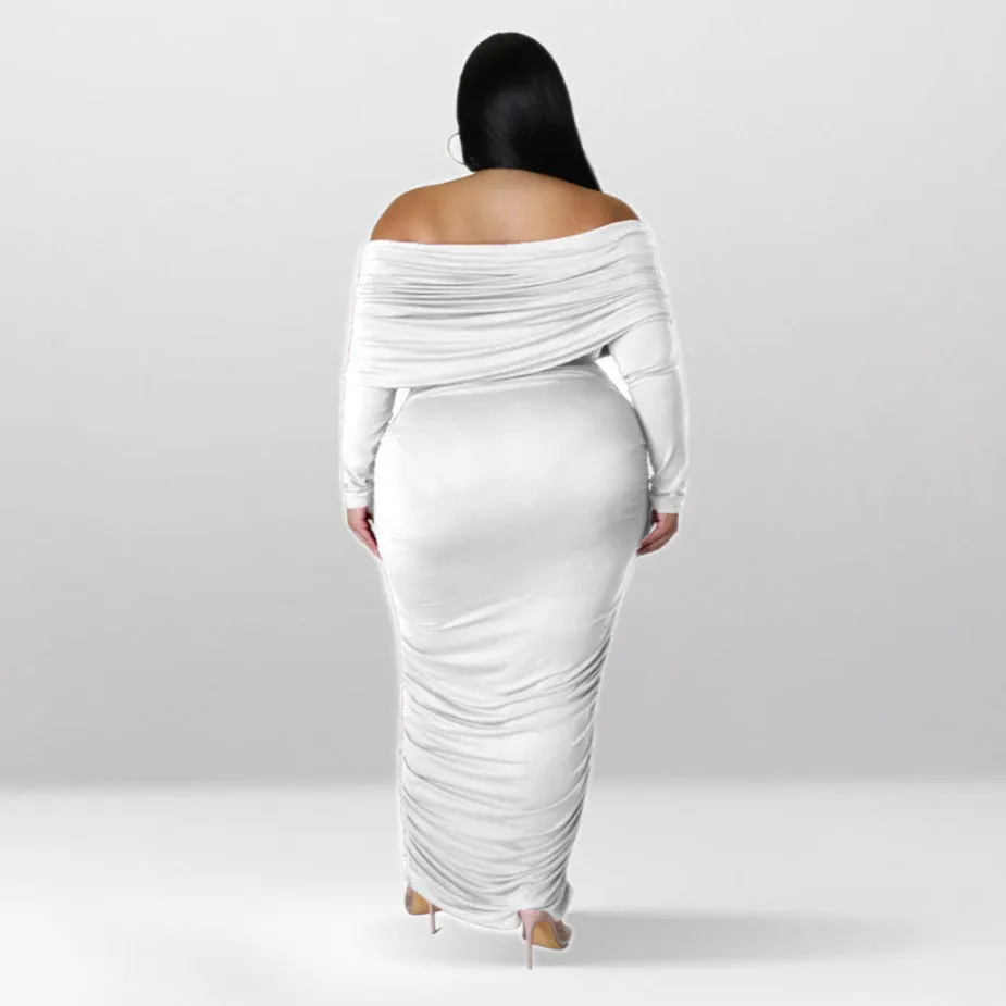 Plus Size Off Shoulder Ruched Long Sleeve Maxi Dress