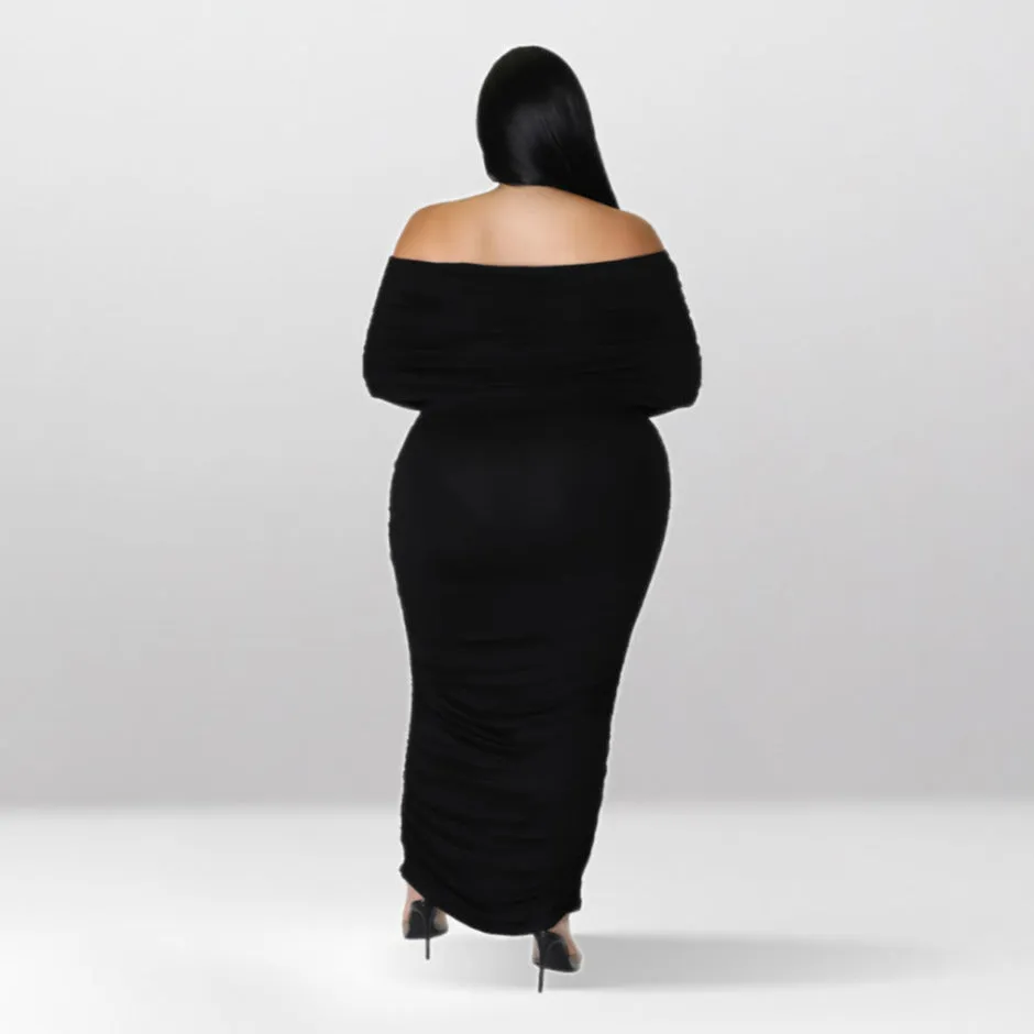 Plus Size Off Shoulder Ruched Long Sleeve Maxi Dress