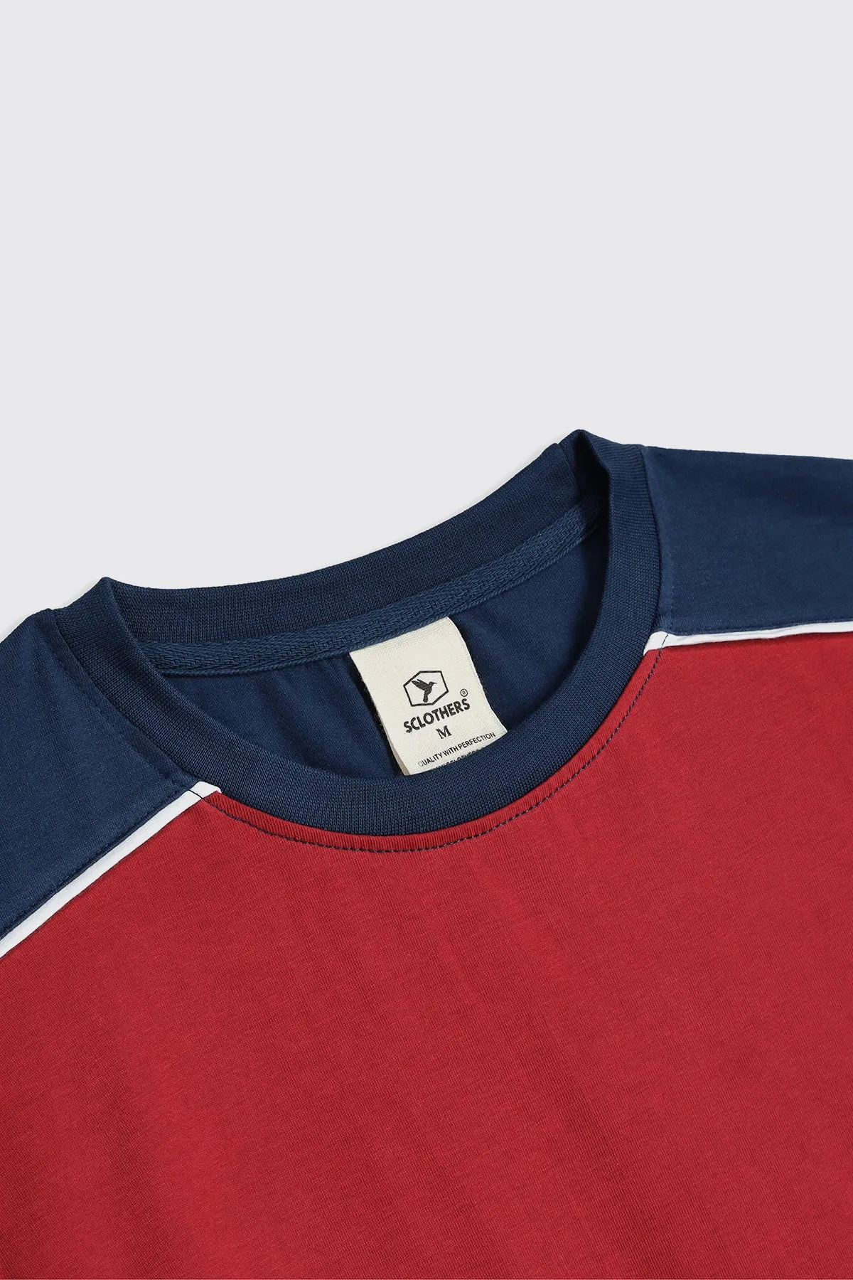 Red & Navy Blue Paneled Embroidered T-Shirt (Plus Size) - W23 - MT0279P