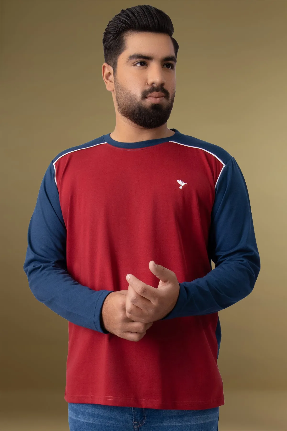 Red & Navy Blue Paneled Embroidered T-Shirt (Plus Size) - W23 - MT0279P