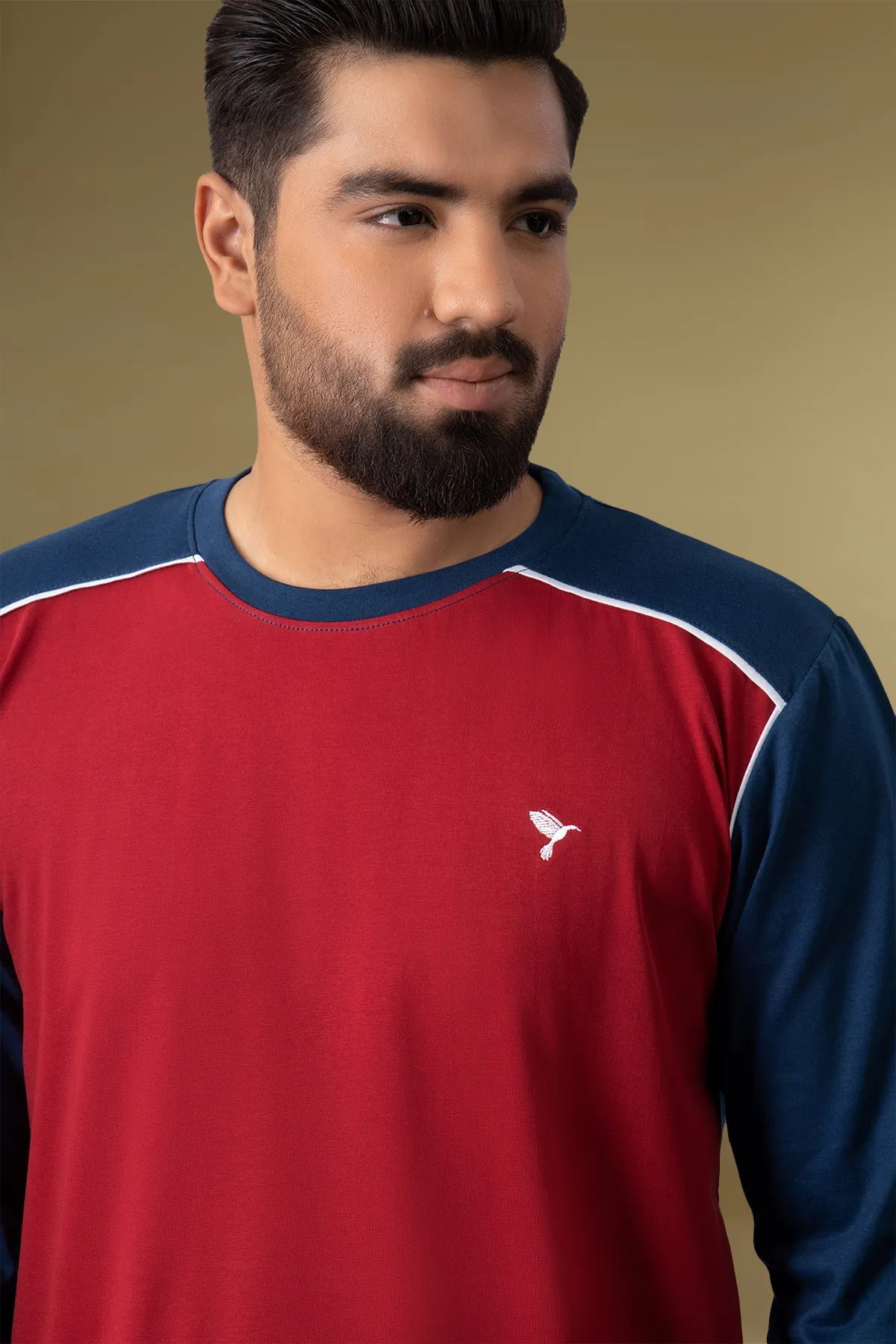 Red & Navy Blue Paneled Embroidered T-Shirt (Plus Size) - W23 - MT0279P
