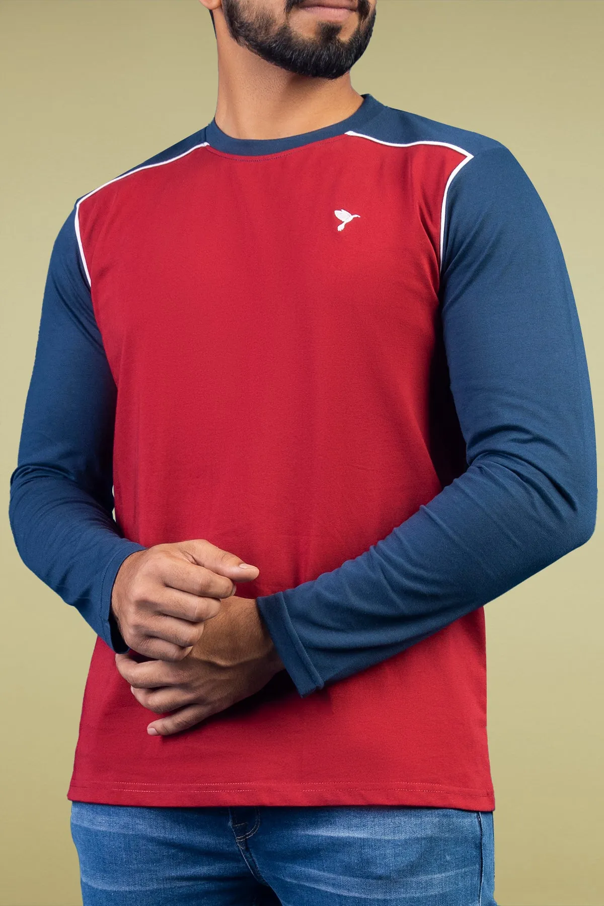 Red & Navy Blue Paneled Embroidered T-Shirt - W23 - MT0279R