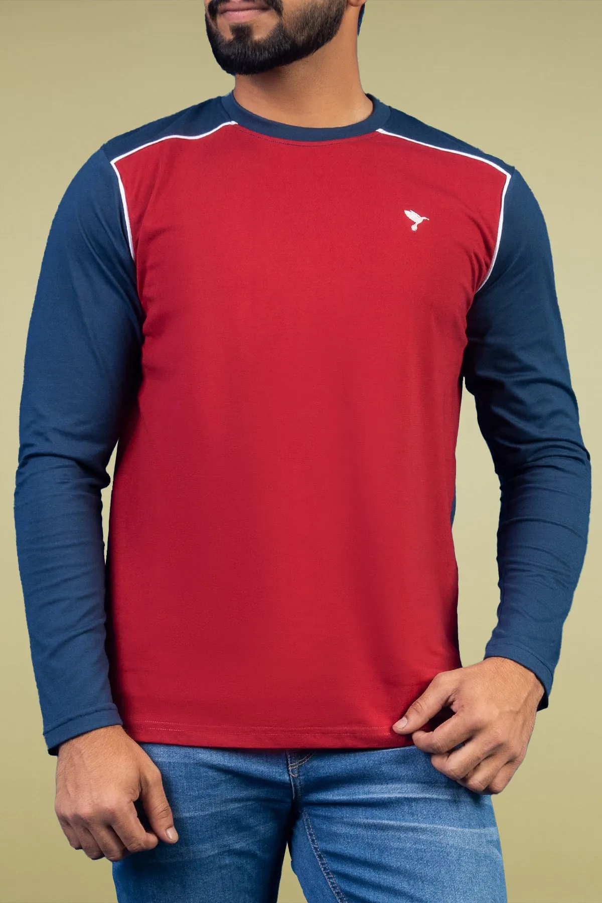 Red & Navy Blue Paneled Embroidered T-Shirt - W23 - MT0279R