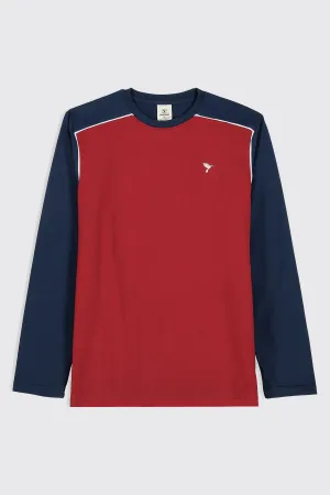Red & Navy Blue Paneled Embroidered T-Shirt - W23 - MT0279R