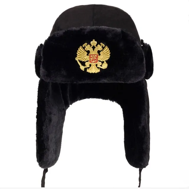 Soviet Army Military Badge Russia Ushanka Bomber Hats Pilot Trapper Aviator Cap Winter Faux Rabbit Fur Earflap Snow Caps hat