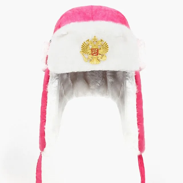 Soviet Army Military Badge Russia Ushanka Bomber Hats Pilot Trapper Aviator Cap Winter Faux Rabbit Fur Earflap Snow Caps hat