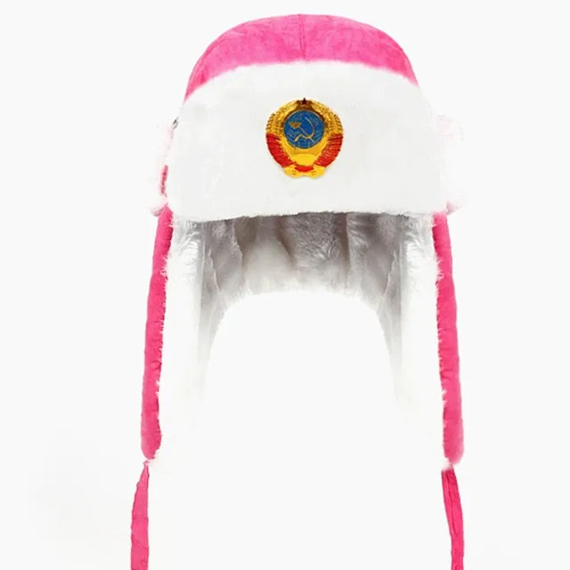 Soviet Army Military Badge Russia Ushanka Bomber Hats Pilot Trapper Aviator Cap Winter Faux Rabbit Fur Earflap Snow Caps hat