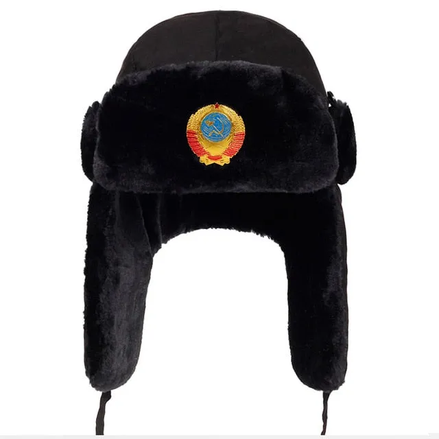 Soviet Army Military Badge Russia Ushanka Bomber Hats Pilot Trapper Aviator Cap Winter Faux Rabbit Fur Earflap Snow Caps hat