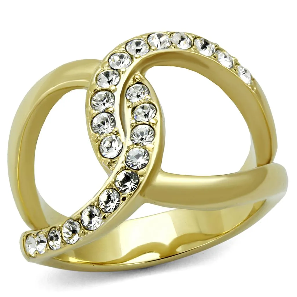 Two-Tone IP Gold (Ion Plating) Stainless Steel Ring with Top Grade Crystal in Clear for Women Style TK2253