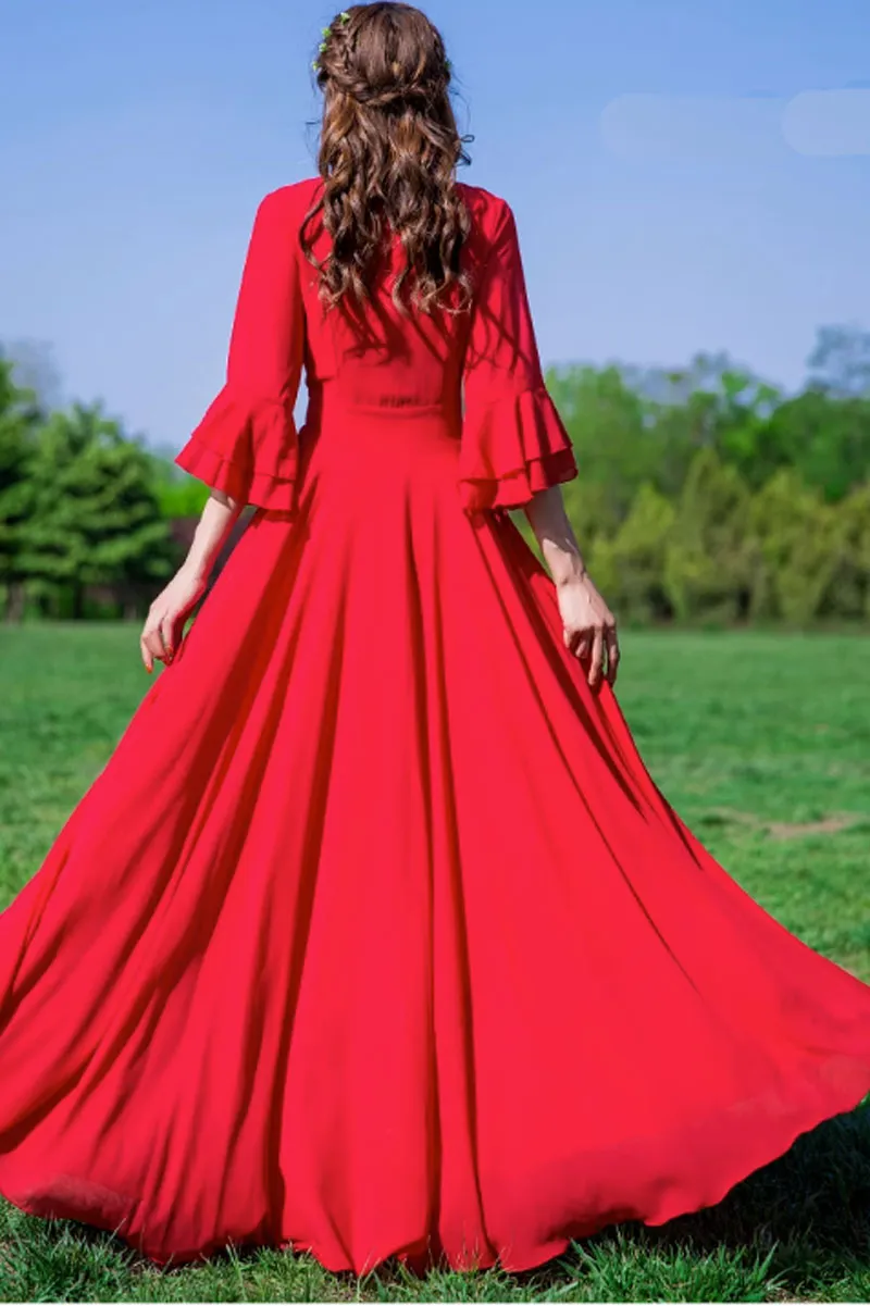 v neck red chiffon dress, prom bridesmaid dress 4467