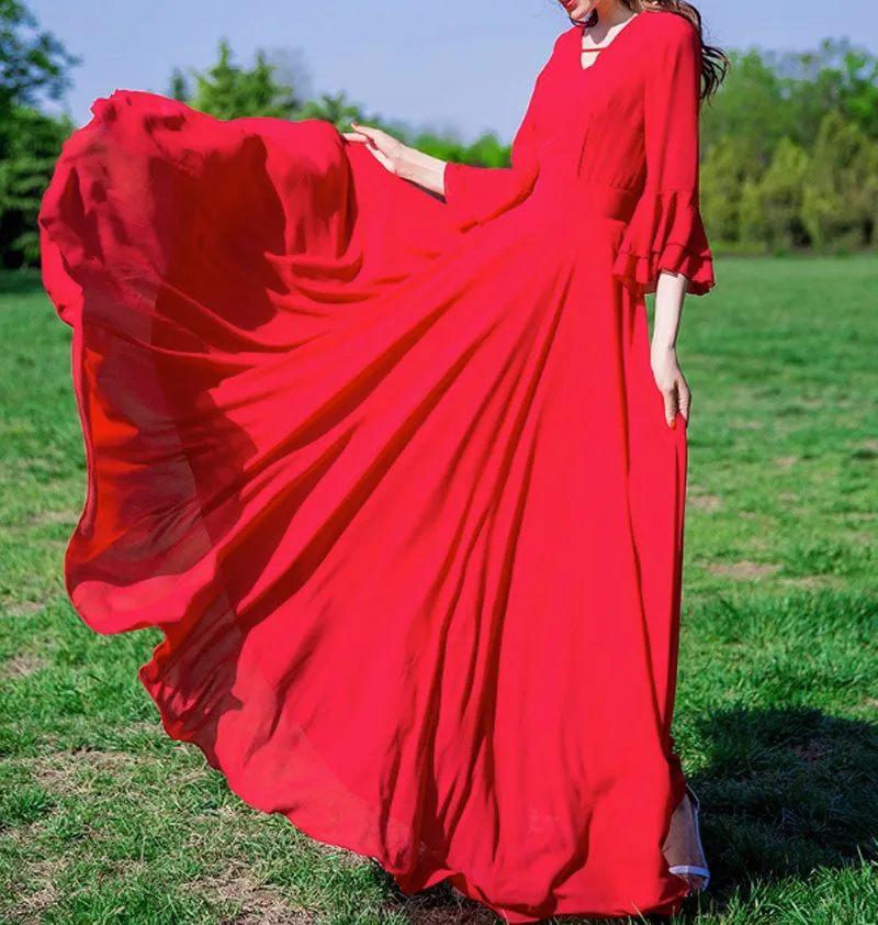 v neck red chiffon dress, prom bridesmaid dress 4467