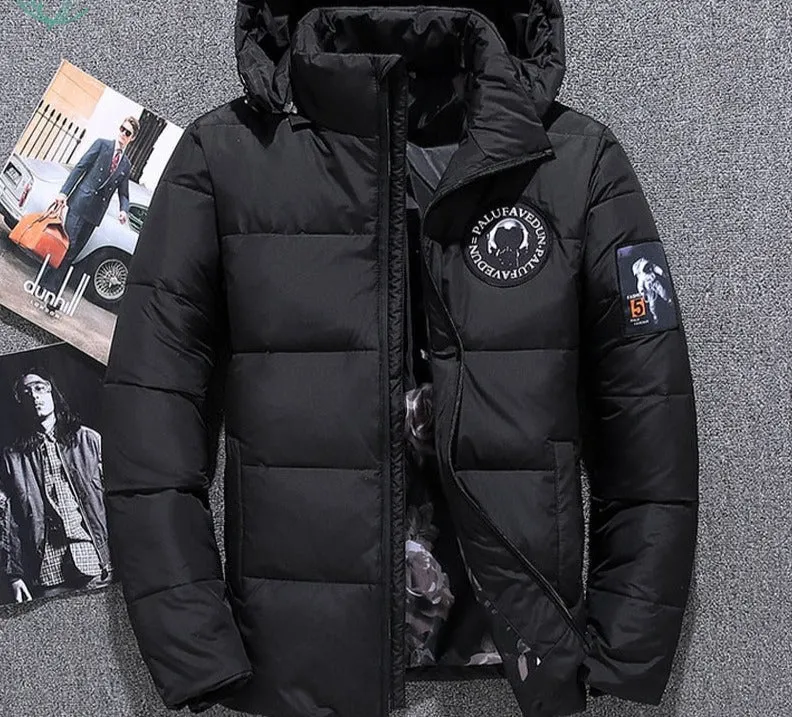 Voguable Men's Winter White Duck Down Jacket Spaceman Epaulettes Thick Warm Parkas for Men Windbreaker Snow Down Hooded Parkas Snow Coat