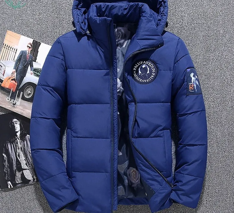 Voguable Men's Winter White Duck Down Jacket Spaceman Epaulettes Thick Warm Parkas for Men Windbreaker Snow Down Hooded Parkas Snow Coat