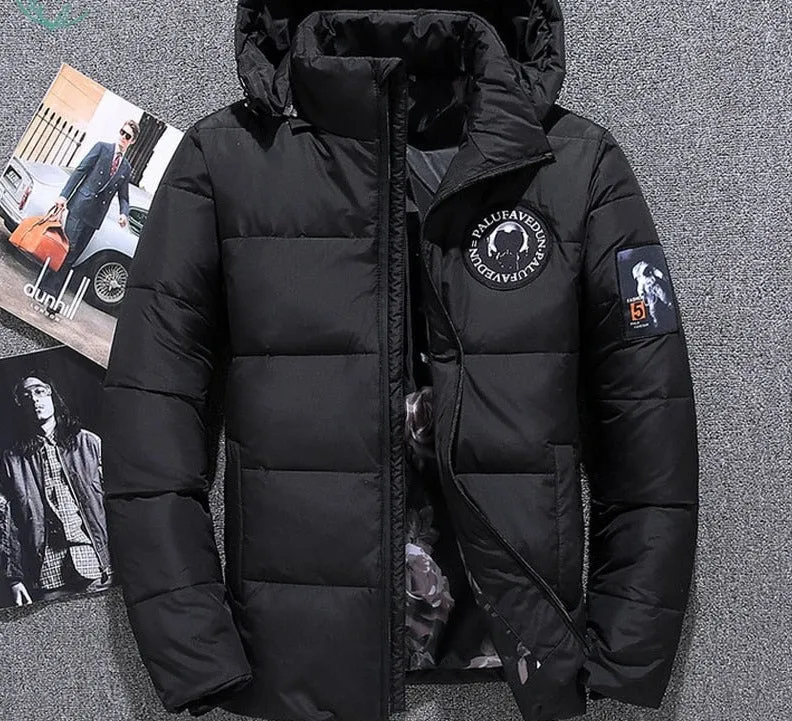 Voguable Men's Winter White Duck Down Jacket Spaceman Epaulettes Thick Warm Parkas for Men Windbreaker Snow Down Hooded Parkas Snow Coat