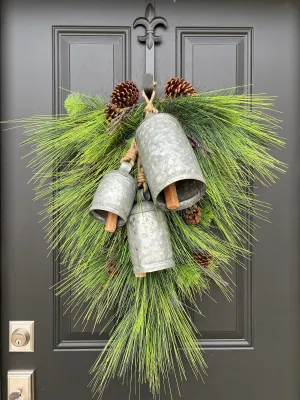 Winter Pine Teardrop Swag with Decorative Bells and Pinecones