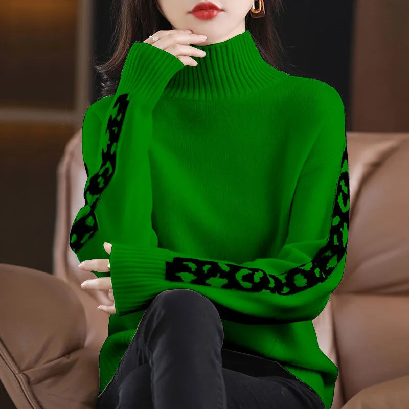 Women Casual Winter Turtleneck Spliced Loose Pullovers Sweater