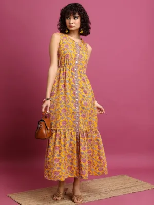 Women Mustard Printed Drop-Waist Dress