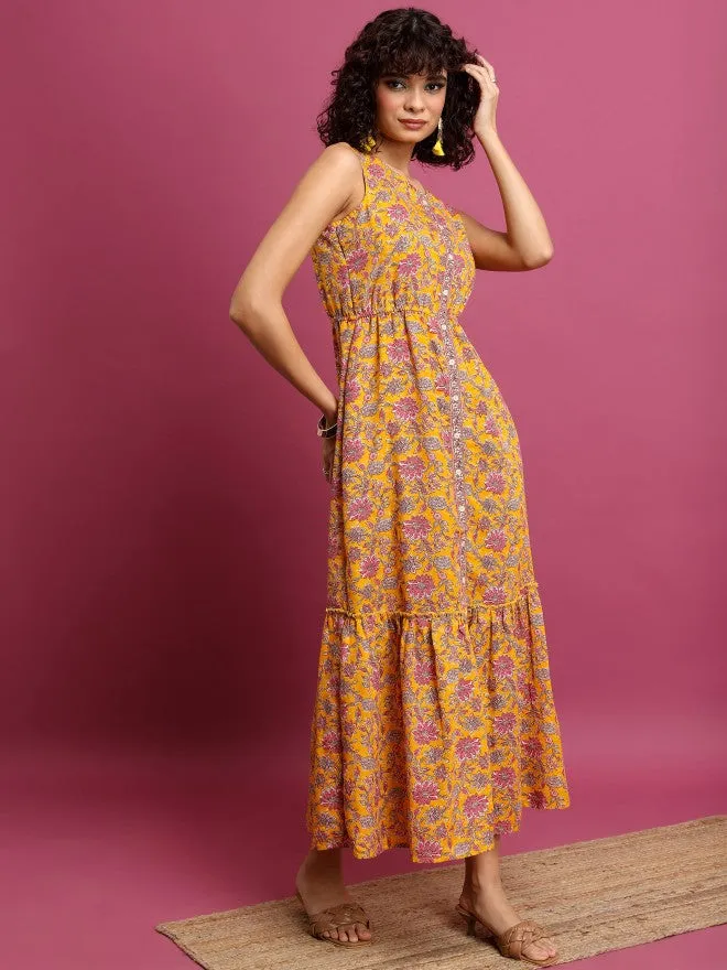 Women Mustard Printed Drop-Waist Dress
