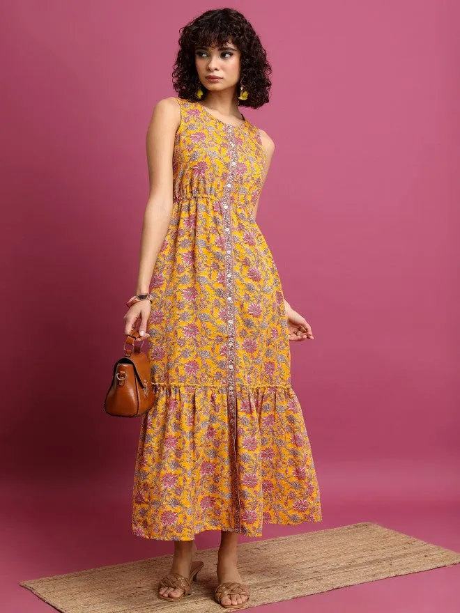 Women Mustard Printed Drop-Waist Dress