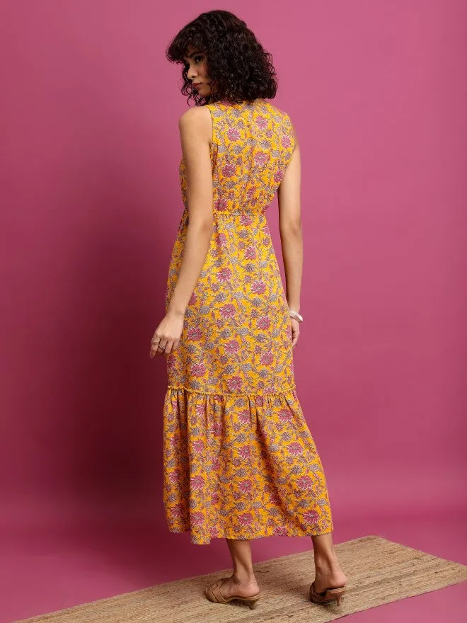 Women Mustard Printed Drop-Waist Dress