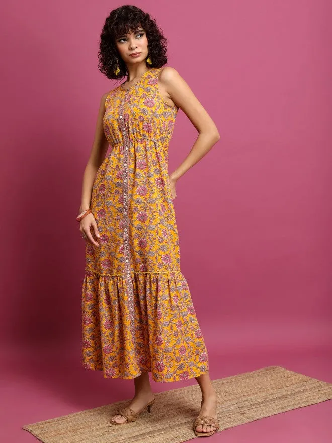 Women Mustard Printed Drop-Waist Dress