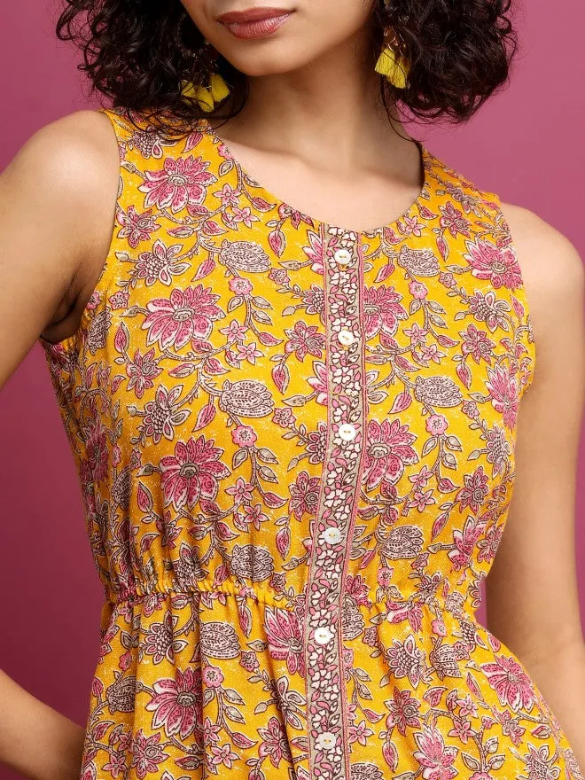 Women Mustard Printed Drop-Waist Dress